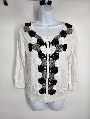 Joseph A Cardigan M NWT White Black Floral Crochet Applique Silk Blend Sweater
